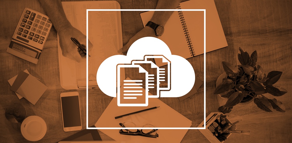 Document against cloud over white background against man writing on paper